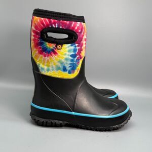 Bogs Youth Kids 1 Black Grasp Tie-Dye Rubber Rain Boots Waterproof Insulated